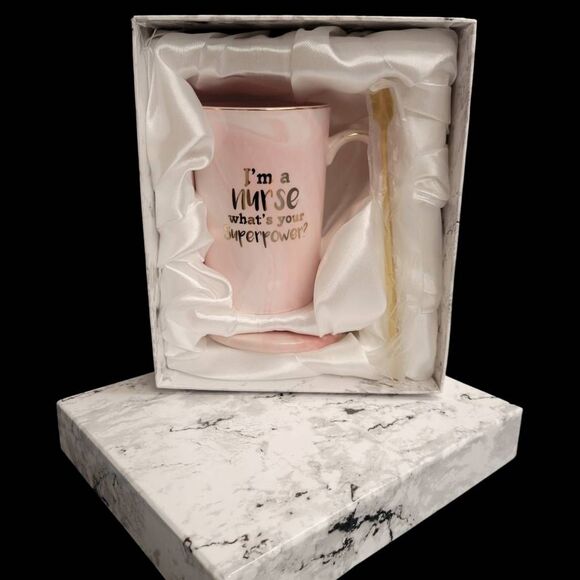 Nurse Gift Set Brand New in Satin Lined Box Pink Porcelain Cup Coaster Spoon - Picture 11 of 11